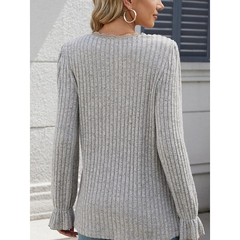 Women's Lace Shirt Solid Color Stylish Modern Casual Long Sleeve V Neck Regular Tops Daily Lace Black White Khaki Gray Spring Fall2