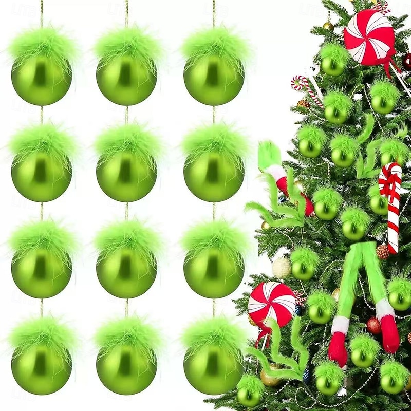 6/12pcs Christmas Tree Ornaments with Green Monster Furry Hair, Funny Holiday Hanging Baubles for Xmas Party, Home Decoration, Kids Gift Set