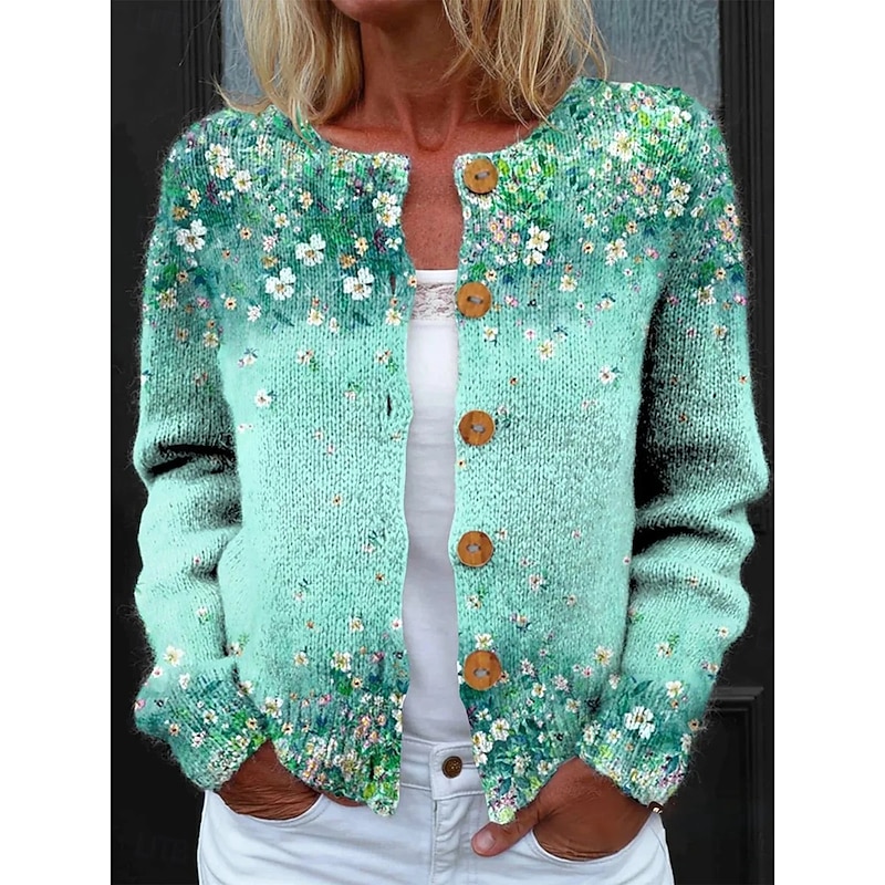 Women's Cardigan Fashion Daily Casual Floral Graphic Ribbed Crew Neck Buttons Print Long Sleeve Regular Tops Knit Outdoor Daily Date Pink Blue Spring Fall