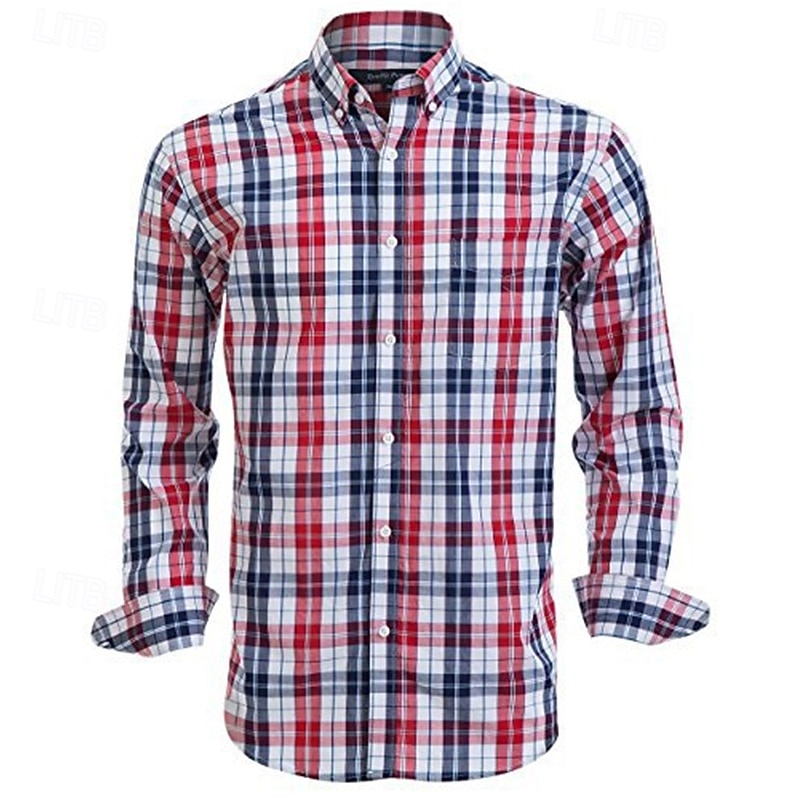 Men's Shirt Summer Shirt Casual Shirt Beach Shirt Button Up Shirt Black Red Blue Green Long Sleeve Plaid Lapel Vacation Hawaiian Buttons Clothing Apparel Polyester Fashion Casual Comfortable - Main Image