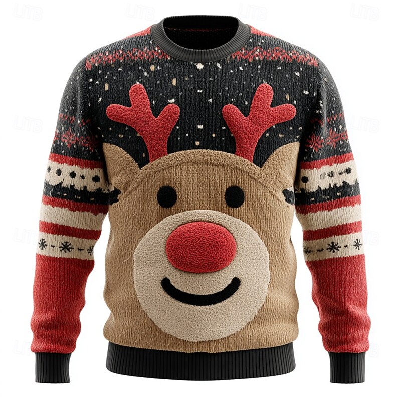 Ugly Christmas Sweater Men's Elk Pullover Sweater Jumper Knitwear Crewneck Casual Vacation Daily Festival 3D Print Keep Warm Long Sleeve Fall Winter Black A Black B Black2