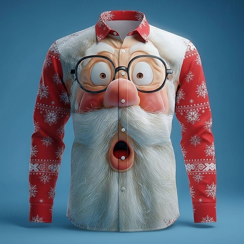 Christmas Men's Santa Claus 3D Cartoon Human face Shirt Button Up Shirt Long Sleeve Funny Outdoor Holiday Spring Fall Turndown 3D Print Collared Shirts Red 1 Black Red
