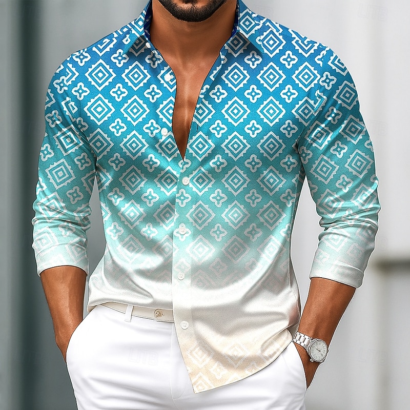 Men's Geometric Gradient Color Shirt Satin Shirt Dress Shirt Long Sleeve Vintage Retro Vacation Dailywear Summer Spring Fall Turndown 3D Print Button Up Shirts Blue Green