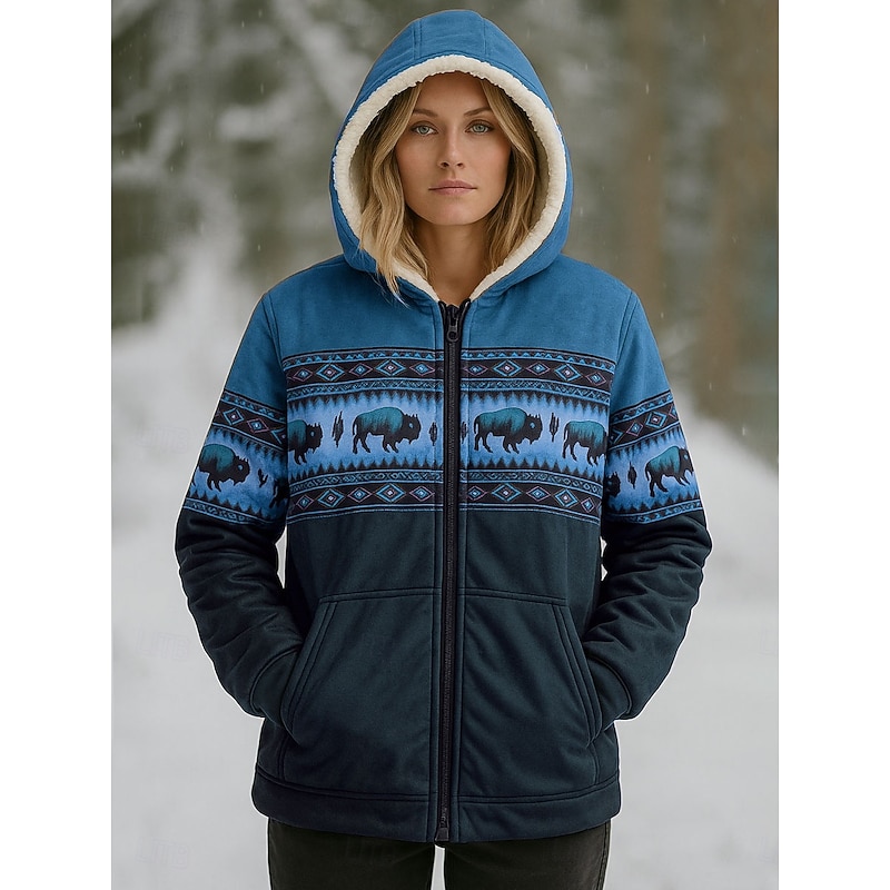 Women's Winter Coat Warm Zipper Pocket Print Fashion Casual Animal Street Casual Regular Hooded Regular Fit Long Sleeve Outerwear Blue Purple Green Spring Fall2