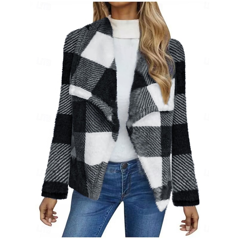 Women's Fleece Jacket Casual Jacket Comfortable Breathable Print Casual Plaid Vacation Street Casual Daily Wear Open Front Long Turndown Regular Fit Long Sleeve Outerwear Black And White Black Pink4