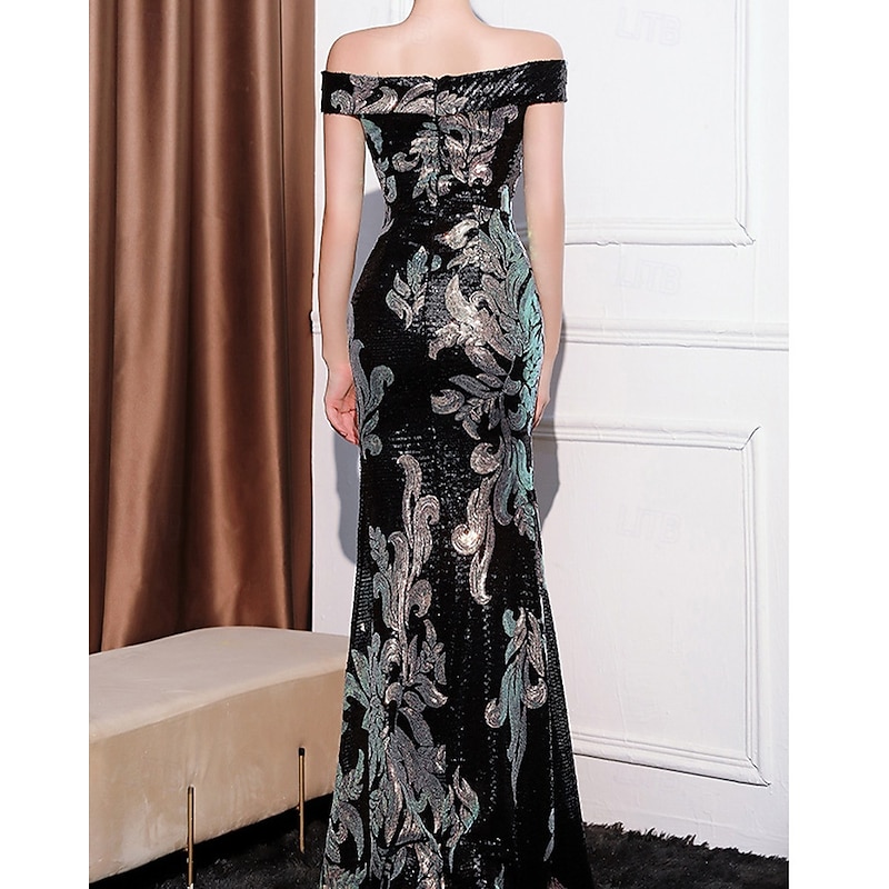 Black Tie Floral Sequin Mermaid / Trumpet Evening Evening Gown Elegant Formal Semi-formal Dress EveningParty Wear Floor Length Sleeveless Off Shoulder Bridesmaid Dress Sequined 20252