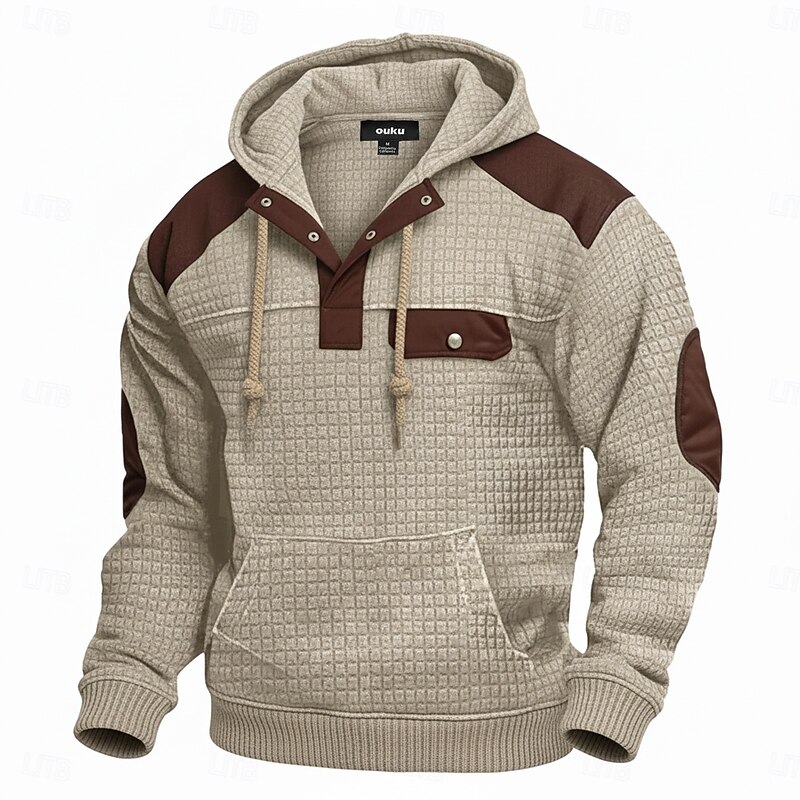 Men's Hoodie Waffle Hoodies Pullover Hoodie Sweatshirt Black Burgundy Navy Blue Khaki Light Grey Hooded Henley Plain Patchwork Color Block Sports & Outdoor Casual Daily Streetwear Cool Sportswear