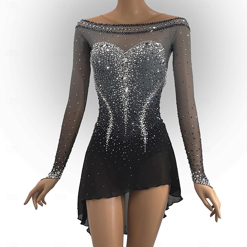 Figure Skating Dress Women's Girls' Ice Skating Dress Black Patchwork Open Back Mesh High Elasticity Training Competition Skating Wear Classic Crystal / Rhinestone Long Sleeve Ice Skating Figure2