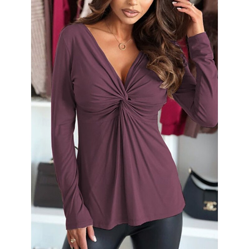 Women's Blouse Solid Color Elegant Stylish Basic Long Sleeve V Neck Regular Tops Daily Ruched Black Light Purple Purple Fuchsia Spring Fall4