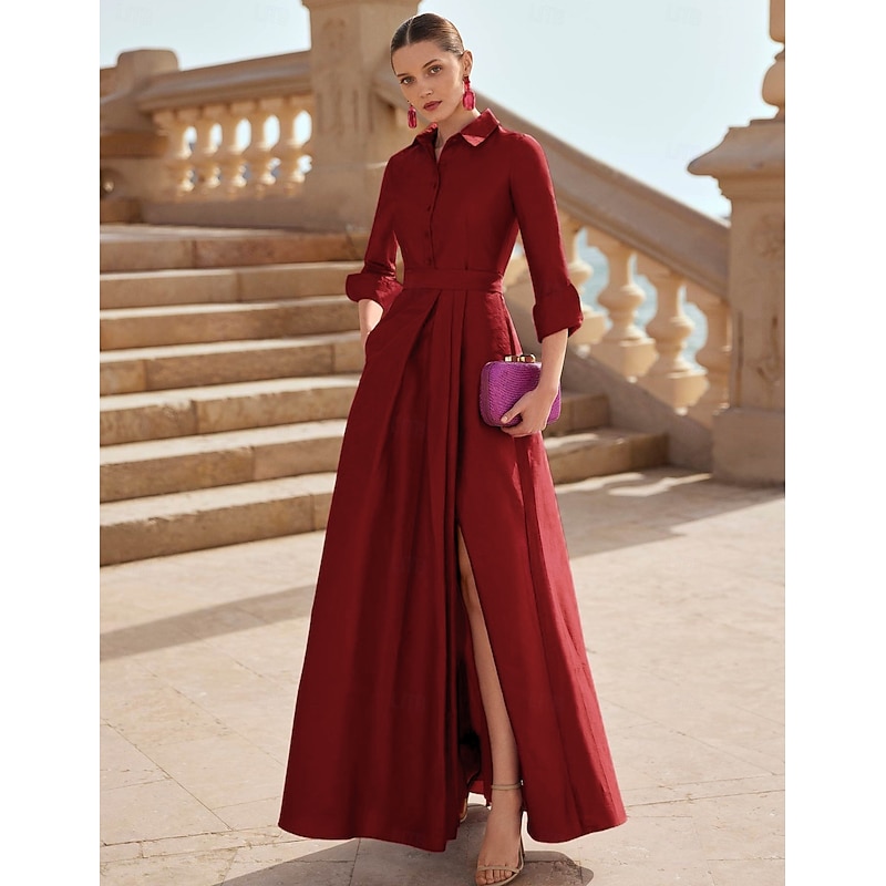 A-Line Mother of the Bride Evening Gown Elegant Dress Formal Wedding Guest Floor Length Long Sleeve Shirt Collar Pocket Satin with Slit4