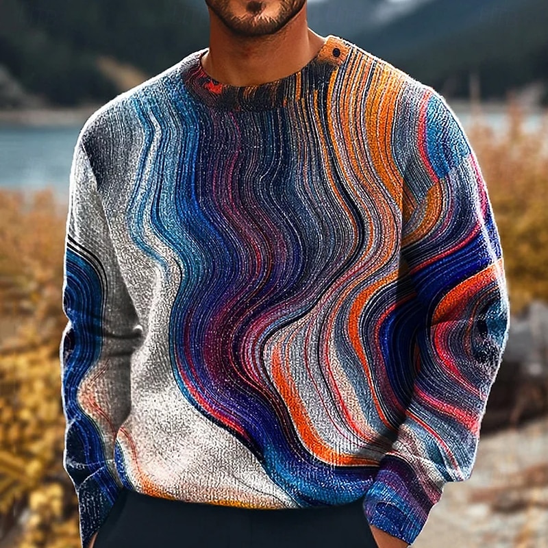 Men's Abstract Flowing Quicksand / Liquid Pullover Sweater Jumper Knitwear Crewneck Casual Vacation Home Street 3D Print Knitting Keep Warm Long Sleeve Spring Fall Winter Blue Orange Multi Color3