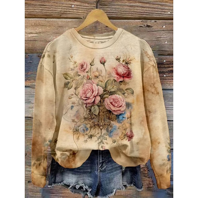 Women's Pullover Sweatshirt Floral Graphic Fashion Casual Long Sleeve Crew Neck Regular Tops Street Dailywear Casual Print Blue Green Khaki Spring Fall Winter2