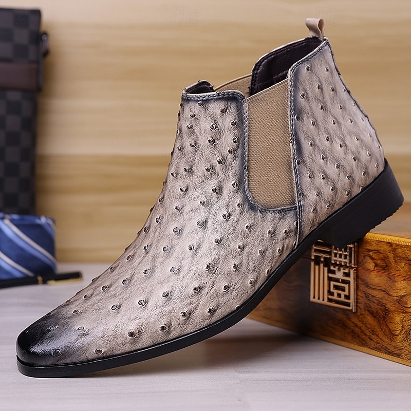 Men's Gray Faux Leather Chelsea Boots – Ostrich Pattern Slip-On Ankle Dress Shoes for Business, Formal Events and Daily Wear