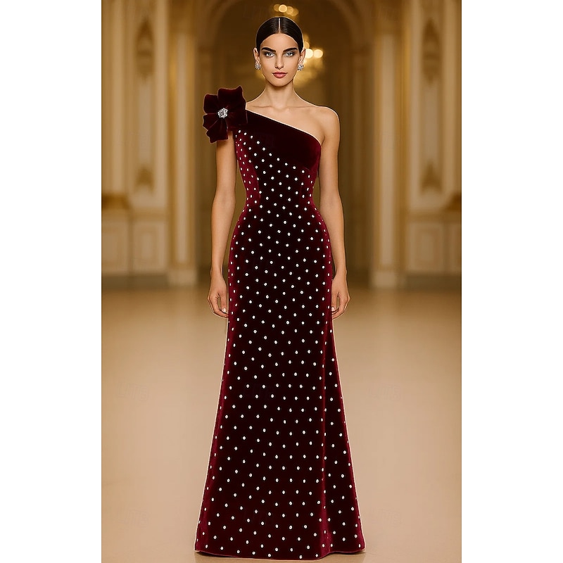 Burgandy Velvet Sheath / Column Evening Gown Elegant Formal Dress Wedding Floor Length Sleeveless One Shoulder Velvet with Pearls and Shoulder Flowers 2025