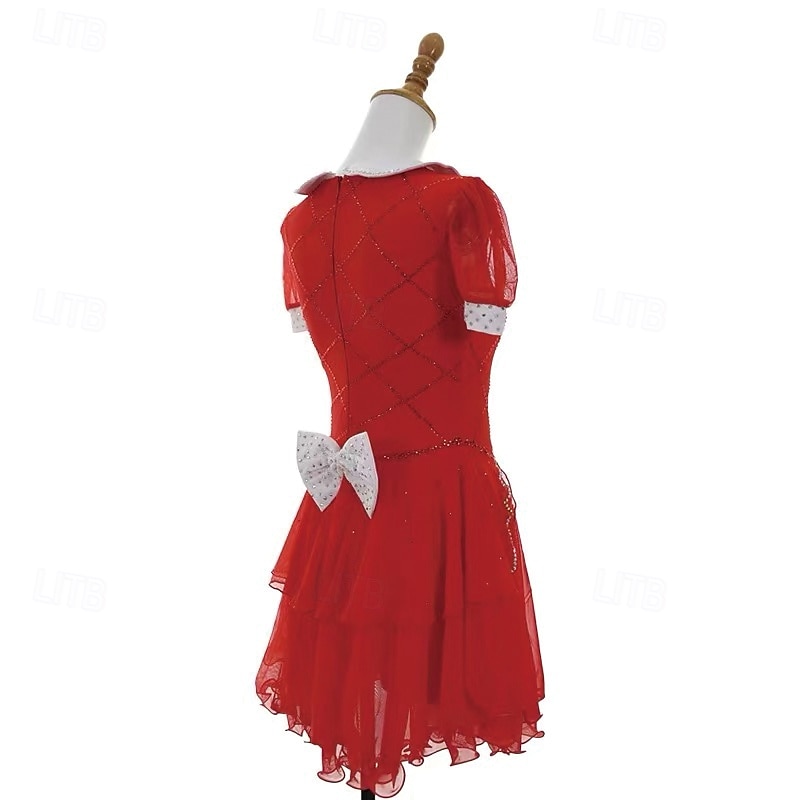 Figure Skating Dress Women's Girls' Ice Skating Dress Red Patchwork Thumbhole Mesh Spandex Stretchy Training Practice Professional Skating Wear Thermal Warm Crystal / Rhinestone Short Sleeve Ice2