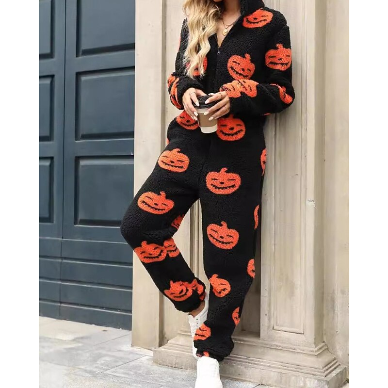 Women's Normal Jumpsuit Active Pumpkin Long Sleeve Hooded Zipper Print Vacation Halloween Regular Fit Black Fall3