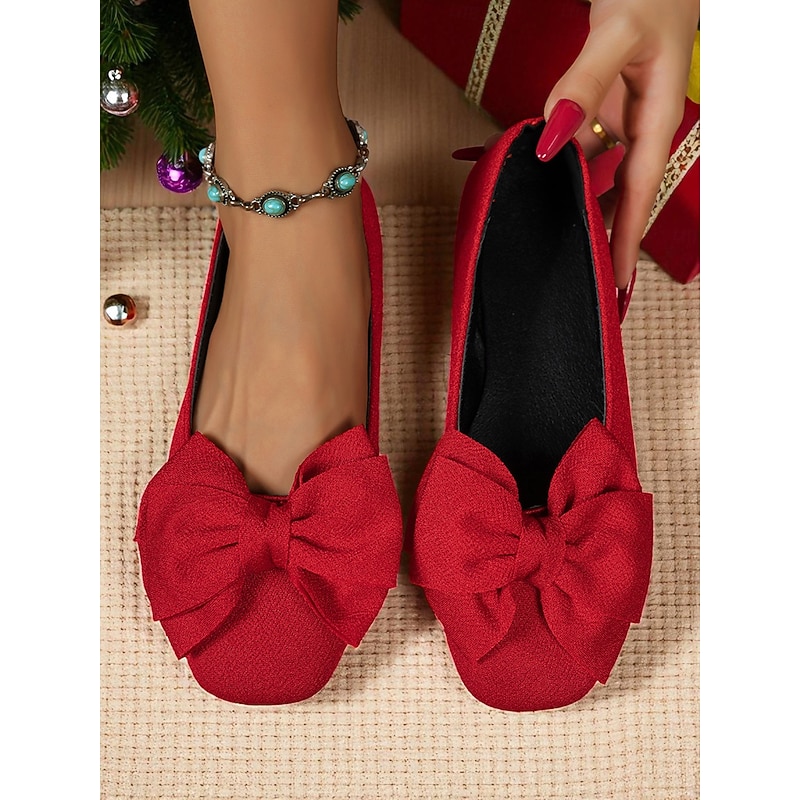 Women's Red Bow Flat Shoes – Elegant Slip On Ballet Flats for Christmas Parties, Weddings and Daily Wear4