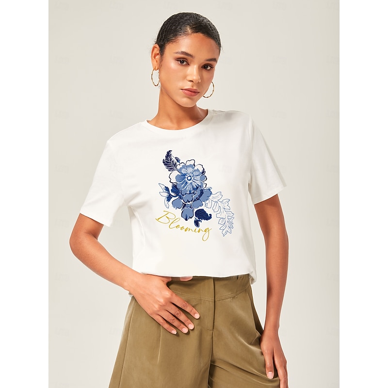 Women's Cotton Floral Graphic Print T Shirt White Short Sleeve Casual Crew Neck Top for Everyday Wear