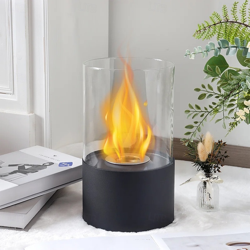 ortable Tabletop Fire Bowl Pot with Cylindrical Glass 26cm High Tabletop Fireplace Clean Burning Bio Ethanol Ventless Fireplace for Indoor Outdoor Patio Parties Events