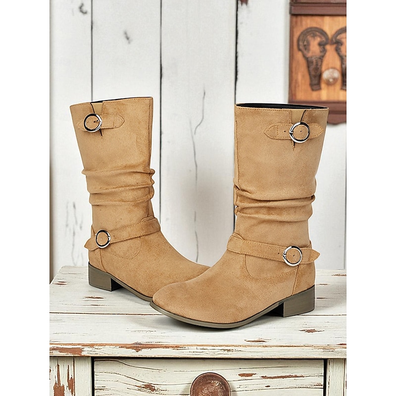Women's Mid Calf Slouchy Boots with Buckle Straps – Vintage Suede Style Winter Boots for Casual Outfits and Autumn Fashion