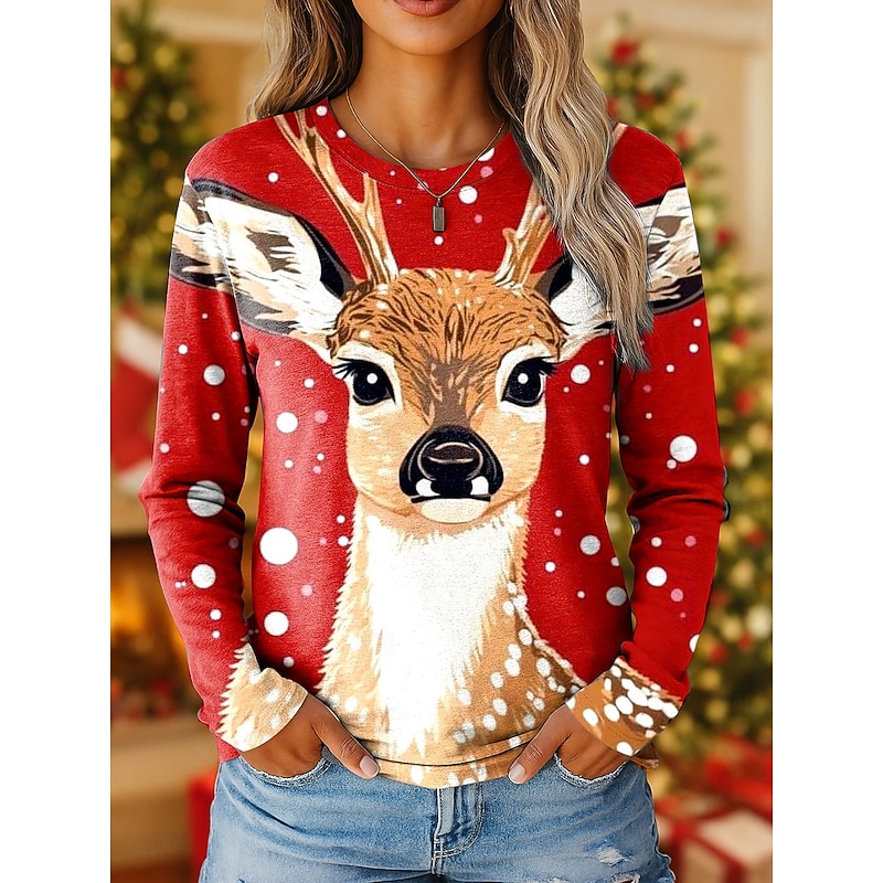 Christmas Women's T Shirt Graphic Reindeer Vintage Stylish Classic Long Sleeve Crew Neck Regular Tops Weekend Print Red Blue Purple Orange Fall Winter