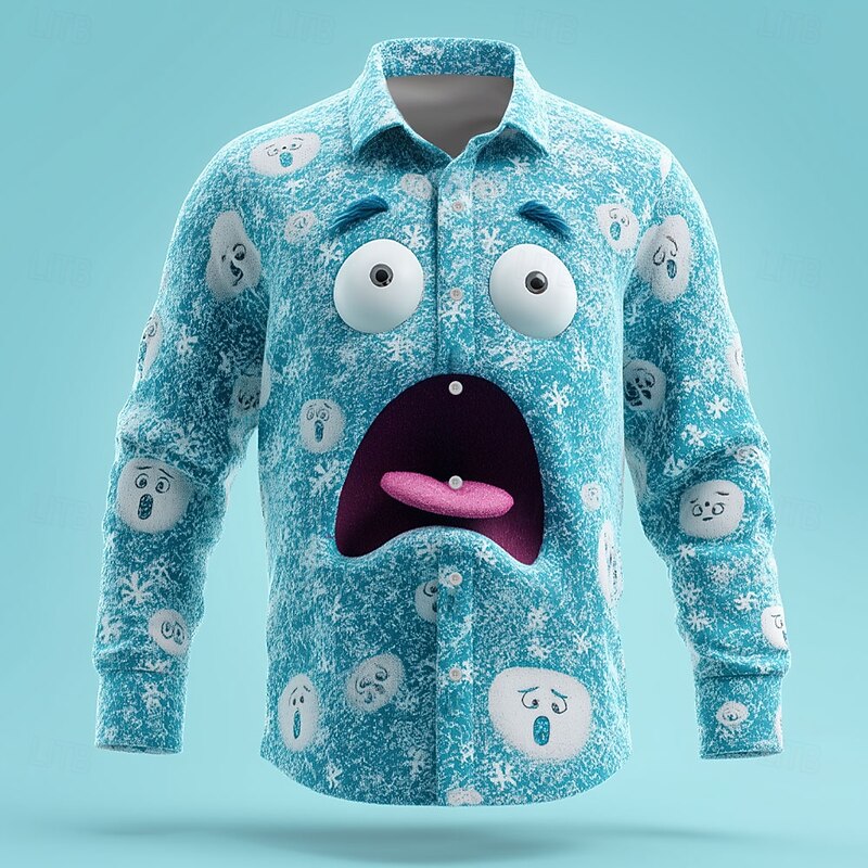 Christmas Men's 3D Cartoon Snowflake Smile Face Shirt Button Up Shirt Long Sleeve Funny Outdoor Holiday Spring Fall Turndown 3D Print Collared Shirts Pink Blue Green Light Blue2