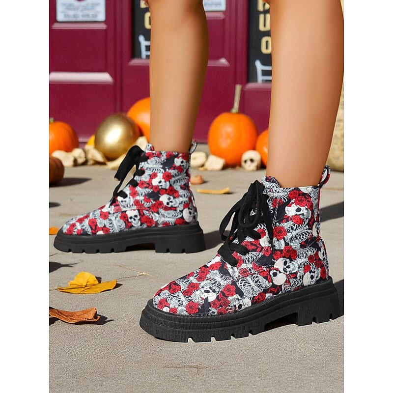 Women's Halloween Skull Print Lace-Up Combat Boots - Red Rose Gothic Punk Ankle Shoes for Fall Festivals, Cosplay and Streetwear Outfits2