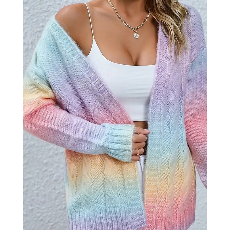 Women's Sweater Cardigan Streetwear Casual Tie Dye V Neck Knitted Long Sleeve Regular Tops Knit Daily Going out Weekend Purple Fall Winter