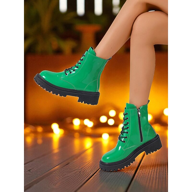 Women's Green Patent Leather Combat Boots - Lace-Up Platform Ankle Boots with Chunky Sole for Nightlife Party and Clubwear3