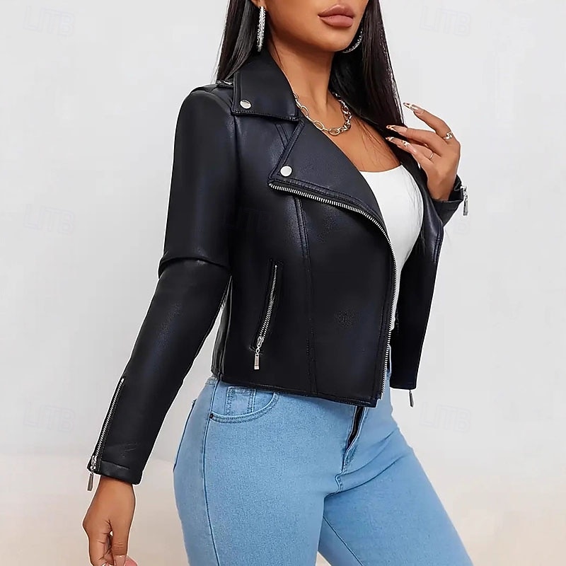 Women's Faux Leather Jacket Warm Comfortable Zipper Casual Solid Color Vacation Street Casual Daily Wear Short Turndown Regular Fit Long Sleeve Outerwear Black Fall Winter2