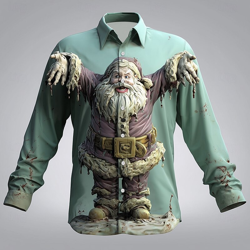 Halloween Men's Santa Claus Zombies Cracked Wall Shirt Button Up Shirt Long Sleeve Dark Punk Gothic Style Outdoor Holiday Summer Spring Turndown 3D Print Collared Shirts Blue green Green2