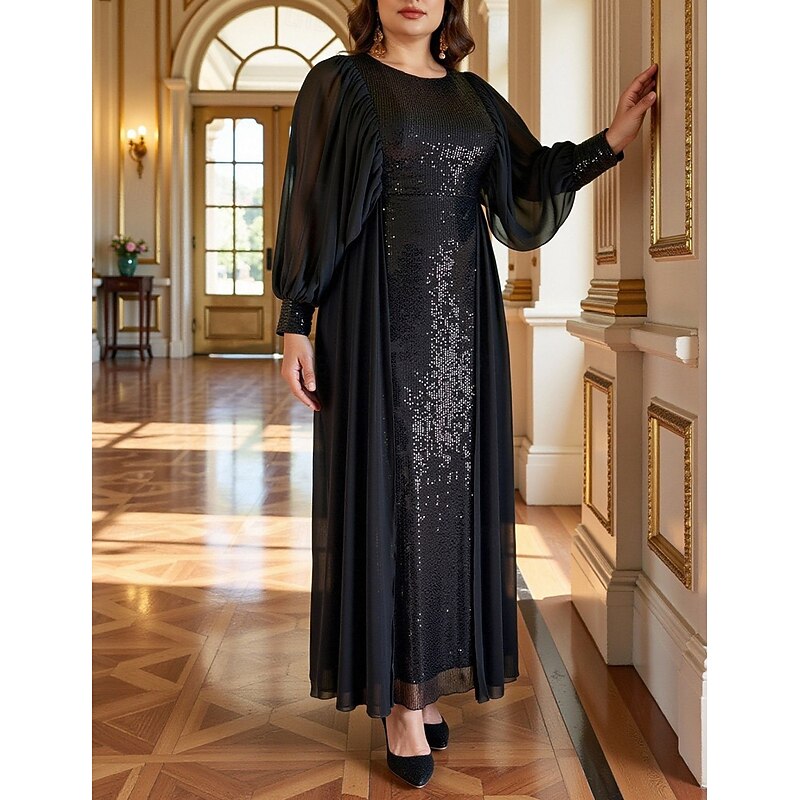 A-Line Mother of the Bride Dress Black Dress Plus Size Sparkle & Shine Crew Neck Ankle Length Chiffon Sequined Long Sleeve with Sequin4