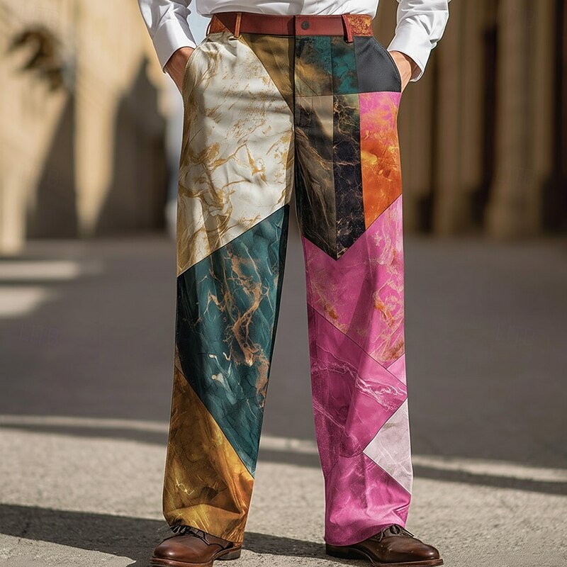 Men's Color Block Patchwork Abstract Trousers Dress Pants Suit Pants Mid Waist Fashion Casual Dailywear Holiday Streetwear Relaxed Fit Flat Front Dress Pants with Side Pockets Spring Fall 3D Print