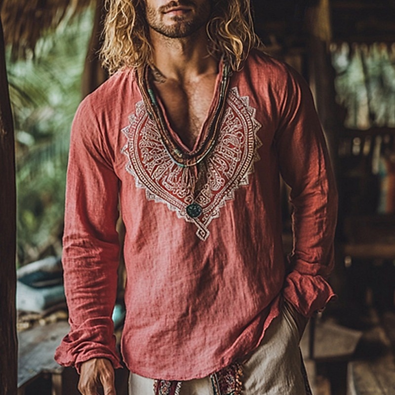 Men's Linen Shirt Summer Shirt Vintage Shirt Ethnic Shirt Long Sleeve Shirt Embroidered Vacation Street Red Long Sleeve V Neck Summer Spring Clothing Apparel Medieval Knight