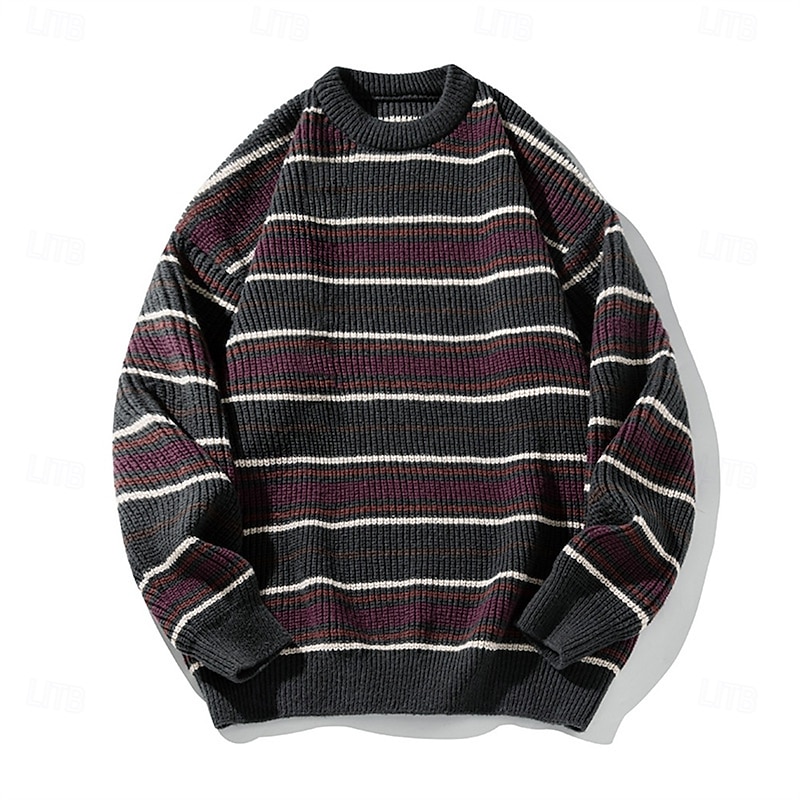 Men's Pullover Sweater Jumper Knit Sweater Ribbed Knit Regular Tops Knitted Stripe Crew Neck Fashion Basic Vacation Daily Wear Clothing Apparel Fall Winter Khaki Dark Gray M L XL4