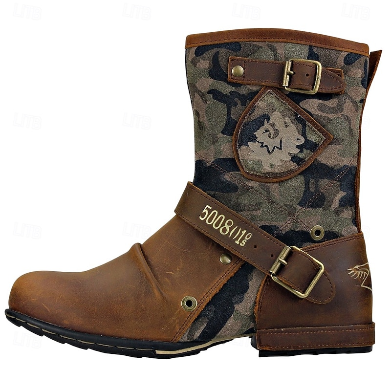 Men's Camouflage Leather Mid-Calf Boots with Buckle Straps, Military Tactical Style Outdoor Work Shoes2