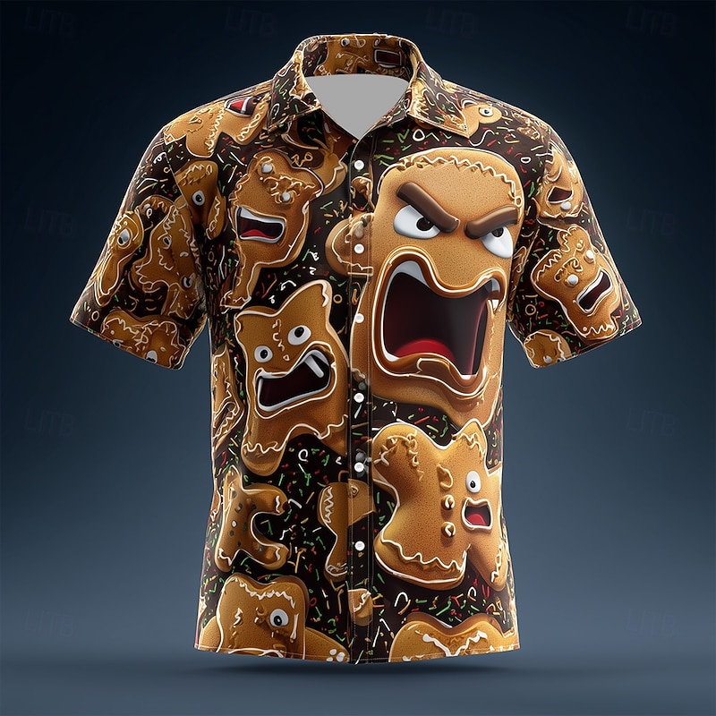 Christmas Men's 3D Cartoon Smile Face Gingerbread Man Shirt Button Up Shirt Short Sleeve Funny Outdoor Holiday Summer Spring Turndown 3D Print Collared Shirts Brown Green2