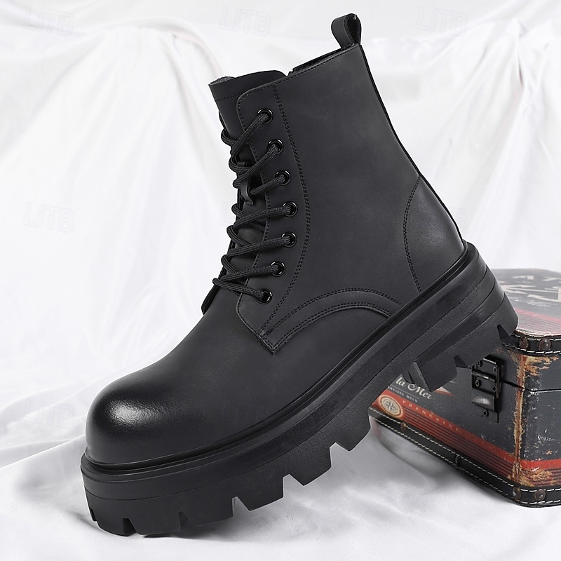 Black Faux Leather Men's Lace-Up Boots with Wing Pattern, Rugged Sole, and Military-Inspired Design – Best for Harley Riders, Outdoor Adventures, Casual Fashion and Urban Street Style