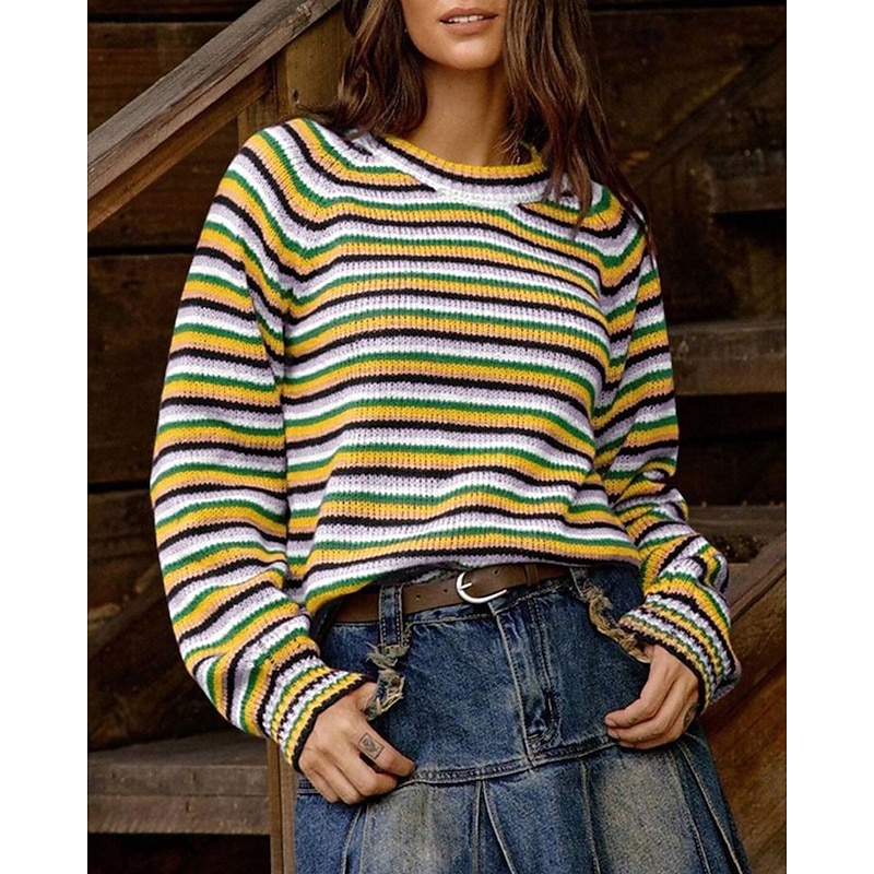 Women's Sweater Pullover Fashion Casual Striped Ribbed Crew Neck Knitted Long Sleeve Regular Tops Knit Outdoor Daily Weekend Yellow Fall Winter