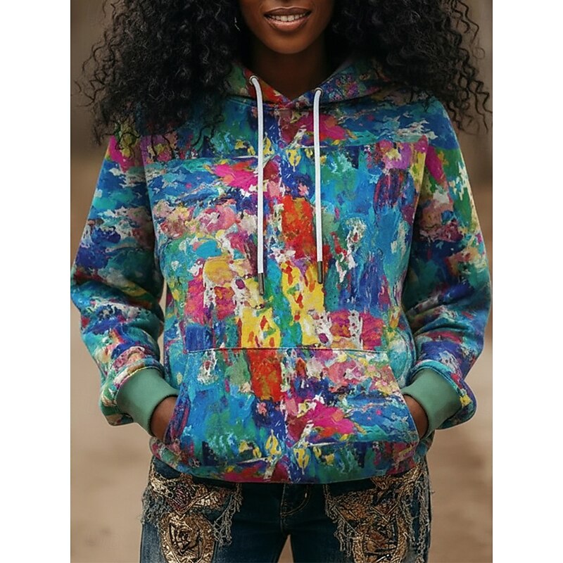 Women's Pullover Hoodies Graphic Color Block Abstract Fashion Streetwear Casual Long Sleeve Hooded Regular Tops Dailywear Casual Sports Drawstring Pocket Print Blue Spring Fall
