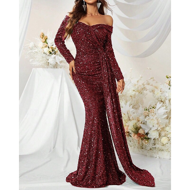 Sequin Mermaid / Trumpet Evening Gown Elegant Dress Formal Wedding Sweep / Brush Train Long Sleeve Off Shoulder Lace with Pleats Ruched 20254