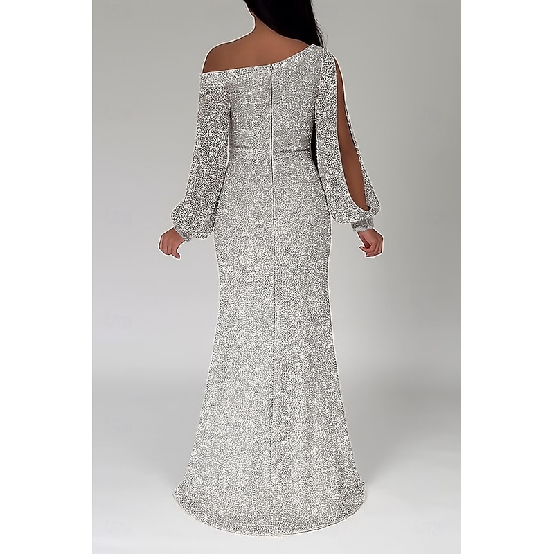 Mermaid Sequin Evening Gown Party Dress Formal Sweep / Brush Train Long Sleeve Scoop Neck with Glitter Ruched Slit Masquerade Dress2