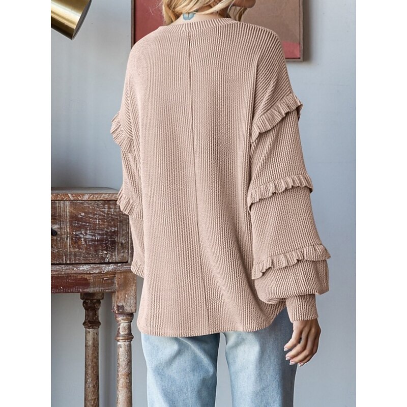 Women's Blouse Solid Color Stylish Casual Long Sleeve Crew Neck Regular Tops Daily Ruffle Pink Fuchsia Khaki Dark Gray Spring Fall2