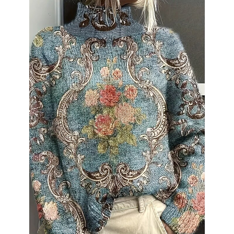 Women's Sweater Vintage Casual Soft Floral Graphic Paisley Ribbed Turtleneck Knitted Print Long Sleeve Regular Tops Knit Outdoor Daily Weekend Dusty Blue Fall Winter