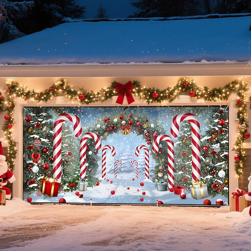 Christmas Outdoor Garage Door Cover Christmas Wreath Candy Cane Large Tapestry Backdrop Holiday Party Wall Decoration For Outdoor Garage Door Home Christmas Festival Celebration Decor3