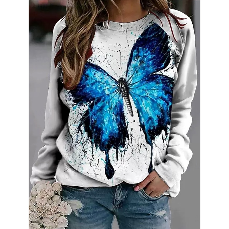 Women's Pullover Graphic Animal Butterfly Casual Long Sleeve Crew Neck Regular Tops Casual White Blue Dark Blue Fall Winter