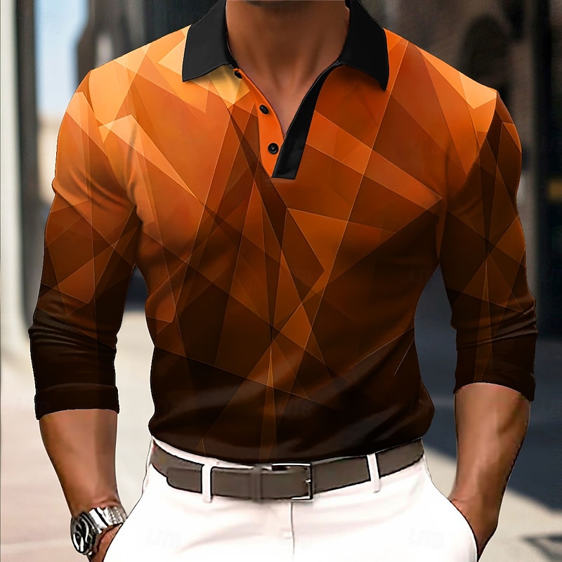 Men's Geometic Polo Long Sleeve Polo Shirts Collared Shirts Business Casual Business Athleisure Daily Wear 3D Print Buttons Spring Fall Winter Blue Purple Orange2