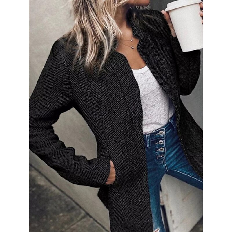 Women's Winter Jacket Comfortable Breathable Pocket Casual Plain Office Street Casual Daily Wear Open Front Regular Stand Collar Regular Fit Long Sleeve Outerwear Black Khaki Gray Spring Fall2