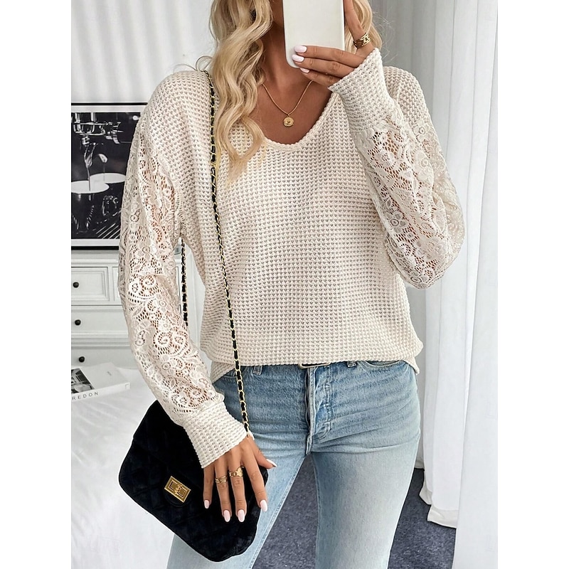 Women's Blouse Solid Color Stylish Casual Long Sleeve V Neck Regular Tops Daily Lace Patchwork Apricot Spring Fall Winter