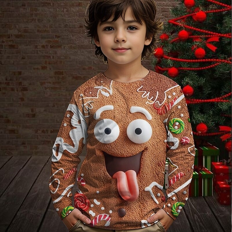 Christmas Boys' 3D Graphic Cartoon Gingerbread T shirt Tee Long Sleeve Spring Fall Fashion Basic Kids 4-12 Years Crew Neck Outdoor Casual Daily Regular Fit